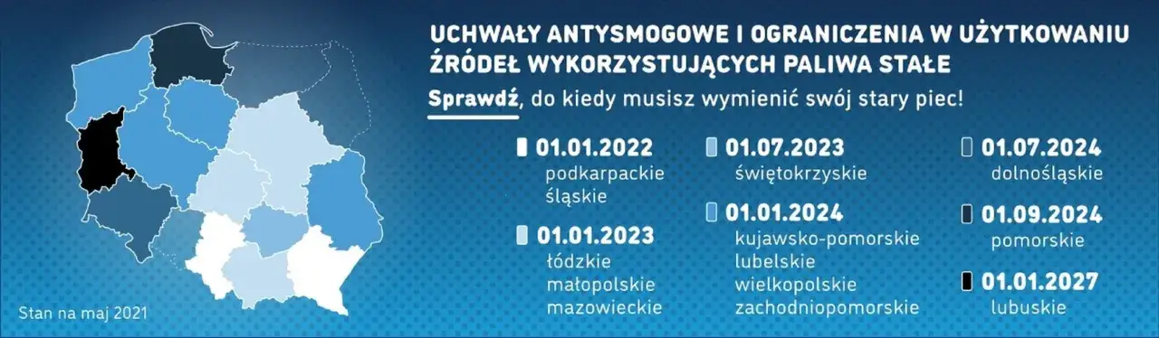 Mapa Polski z datami wymiany pieców. Sprawdź, do kiedy masz czas na dofinansowanie do wymiany pieca w swojej okolicy.