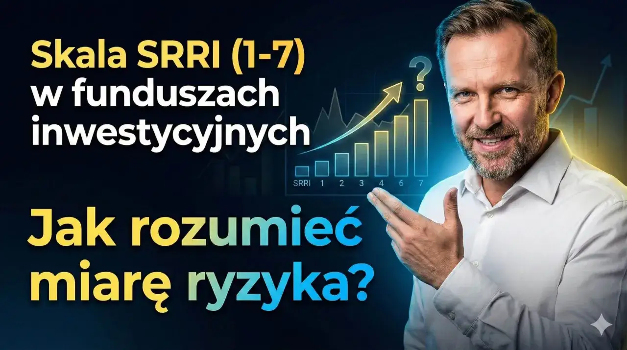 Mężczyzna wyjaśnia skalę SRRI (1-7) w funduszach inwestycyjnych, pokazując wykres. Czy fundusze inwestycyjne są bezpieczne?
