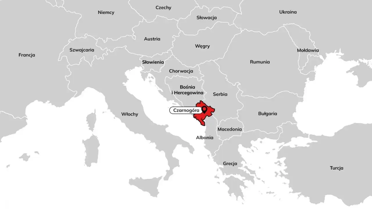 Mapa Europy z zaznaczoną Czarnogórą. Jaka waluta w Czarnogórze? Euro.