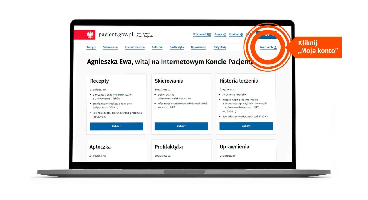 Ekran laptopa z Internetowym Kontem Pacjenta. Widoczne sekcje: Recepty, Skierowania, Historia leczenia, Apteczka, Profilaktyka, Uprawnienia. Strzałka wskazuje przycisk