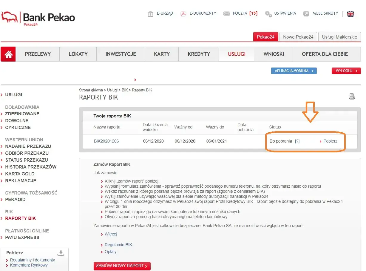 Jak pobrać raport BIK za darmo? Na stronie Pekao24 widzisz raport BIK gotowy do pobrania. Kliknij 