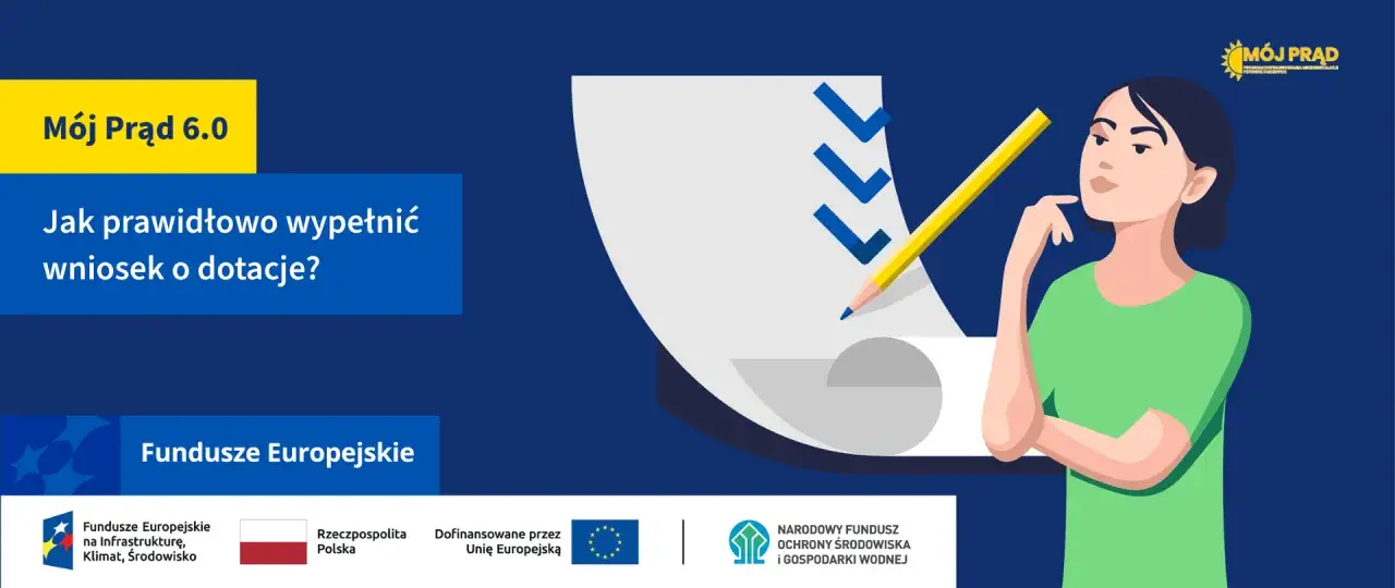 Kobieta zastanawia się, jak złożyć wniosek o dofinansowanie Mój Prąd 6.0. Na ekranie widnieje lista zadań do wykonania.