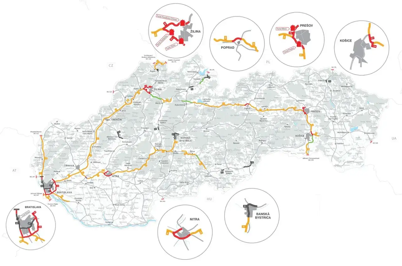 Mapa Słowacji z zaznaczonymi drogami i miastami. Słowacja jako waluta używa euro.