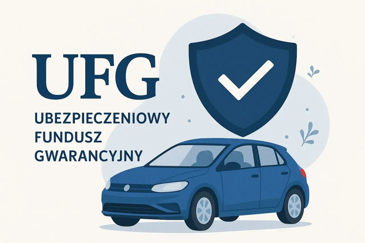 UFG - Ubezpieczeniowy Fundusz Gwarancyjny chroni Twoje ubezpieczenie. Symbol tarczy z haczykiem i niebieski samochód.