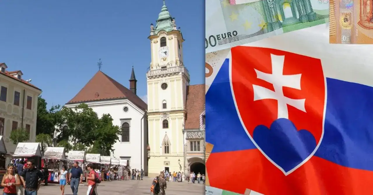 Słowacja: jaka waluta? Na placu w Bratysławie, obok flagi i euro, widać ludzi i zabytkowe budowle.