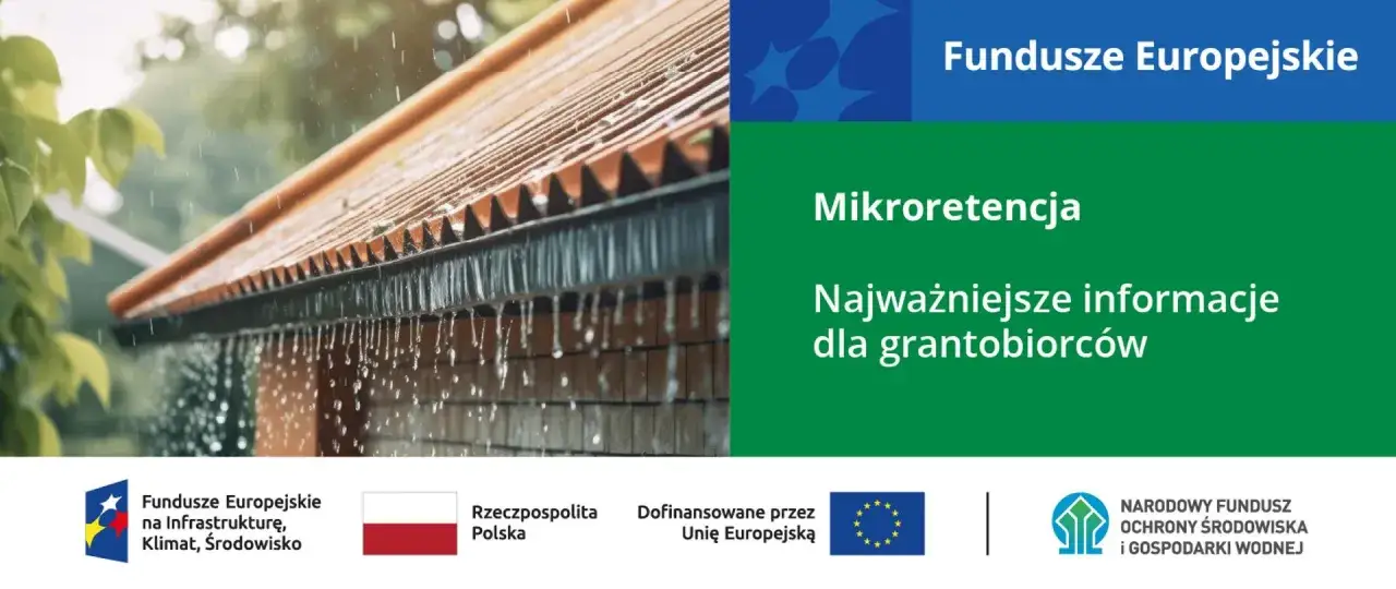 Deszcz na dachu, krople spływają z rynny. Informacje o tym, gdzie złożyć wniosek o dofinansowanie na deszczówkę, znajdziesz w tekście 