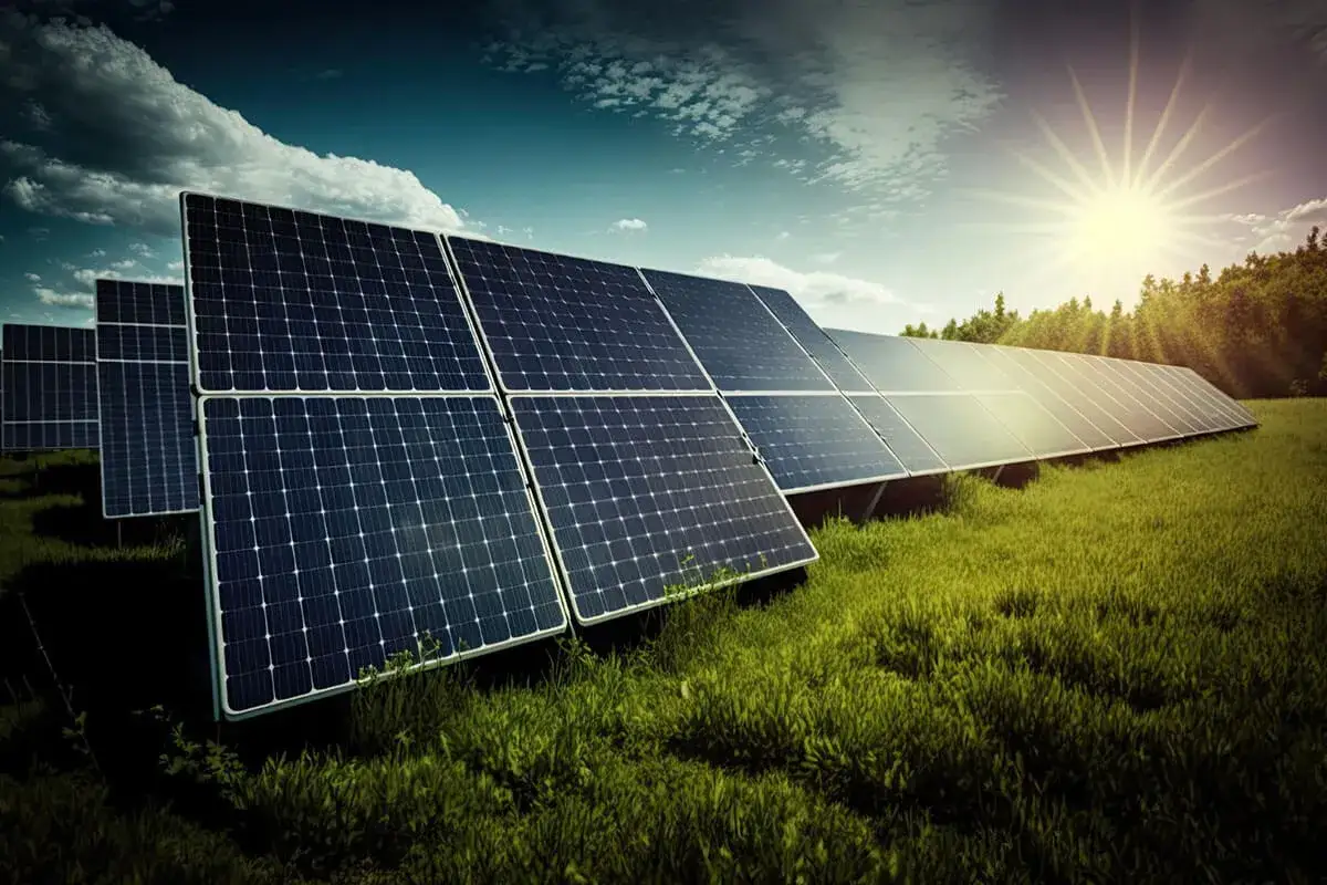 Panele słoneczne na zielonej łące. Zastanawiasz się, jakie dofinansowania na nowy dom z energią słoneczną są dostępne?