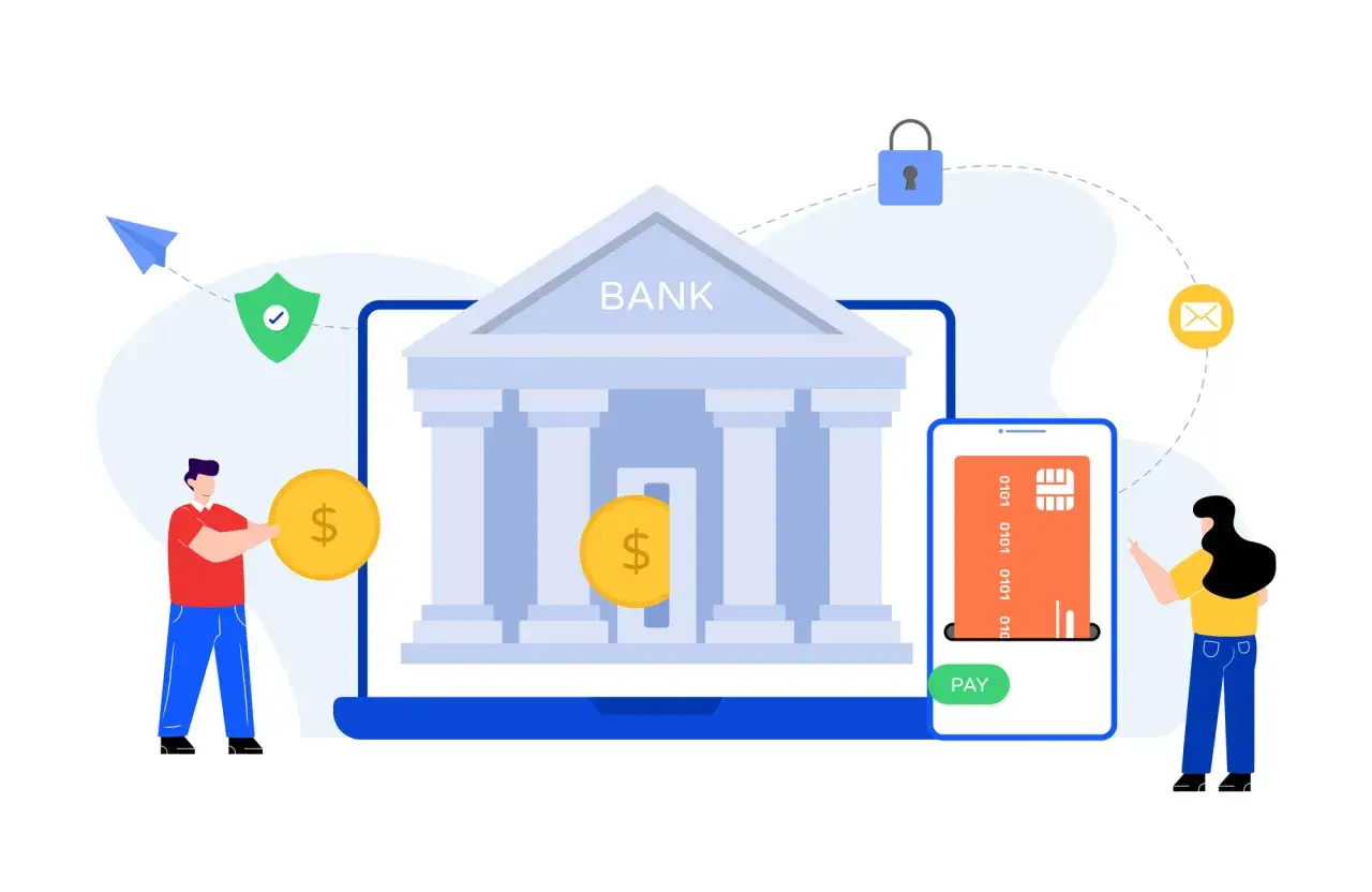 Bezpieczne płatności online, gdzie 2FA co to jest, chroni Twoje pieniądze. Ilustracja pokazuje bank, kartę i ludzi.