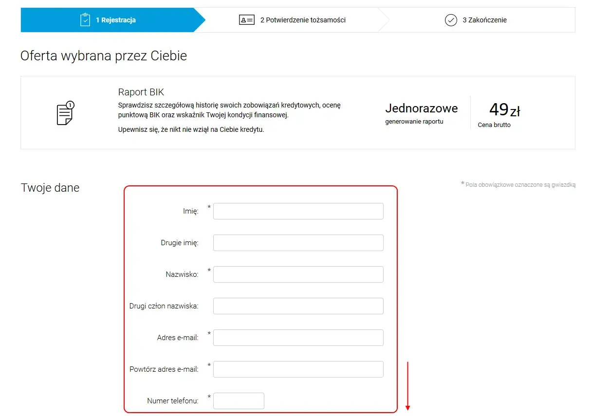 Formularz do wypełnienia, aby jak pobrać raport BIK za darmo. Wpisz swoje dane: imię, nazwisko, adres e-mail i numer telefonu.