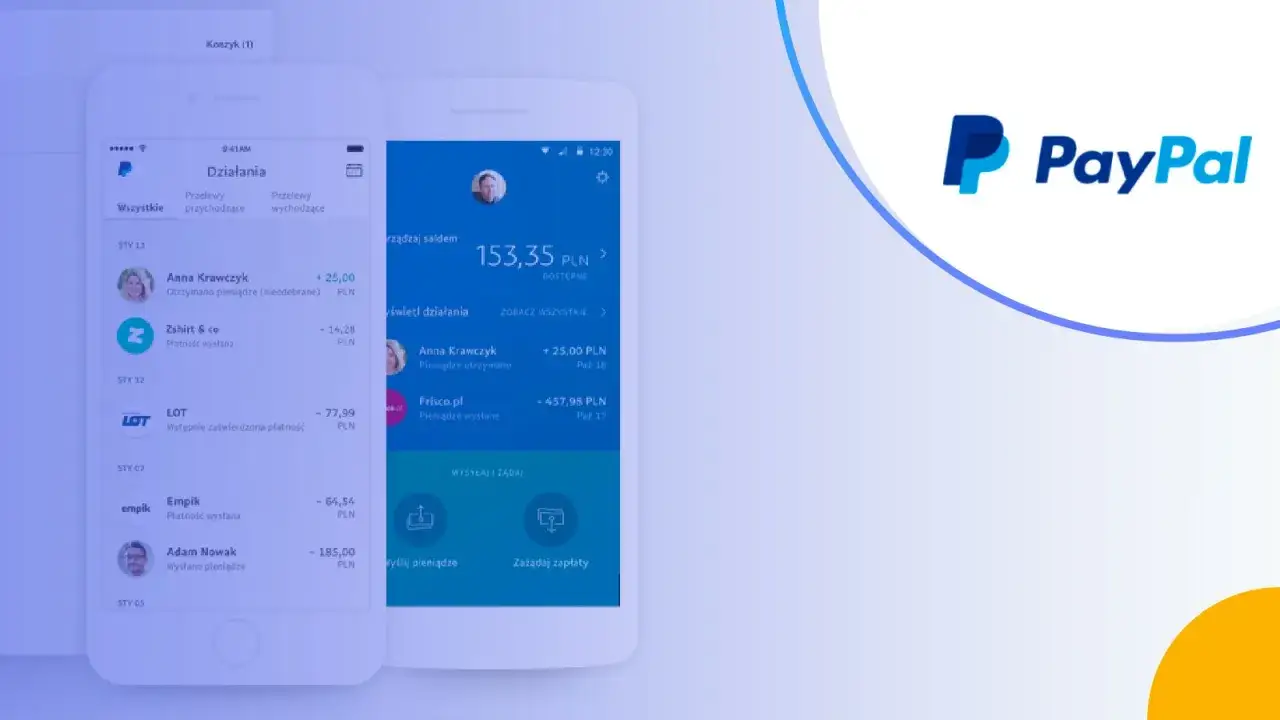 Aplikacja PayPal pokazuje historię transakcji, w tym otrzymane i wysłane pieniądze.