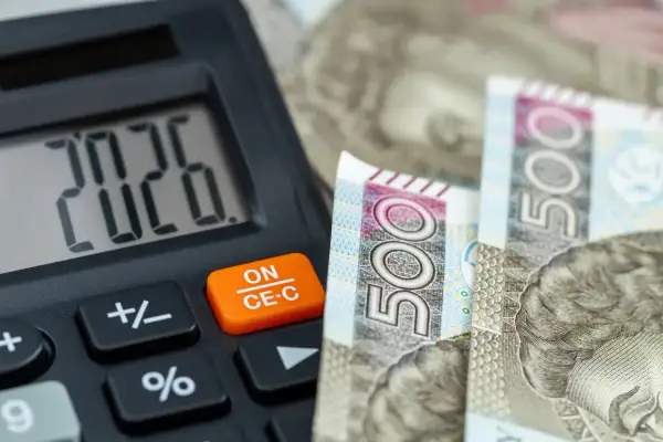 Kalkulator pokazuje 2026, obok polskie banknoty 500 zł. Czy to odpowiedź na pytanie, ile wynosi fundusz socjalny na jednego pracownika?