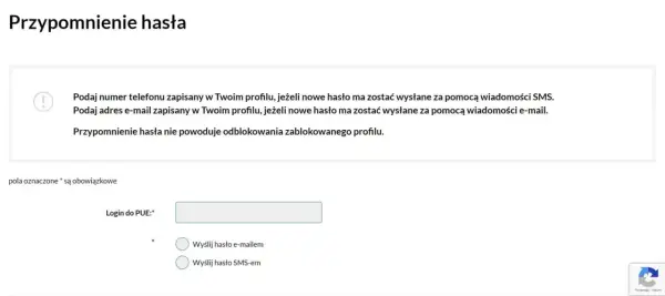 Formularz przypomnienia hasła do PUE. Podaj login, wybierz sposób wysyłki hasła: e-mailem lub SMS-em.