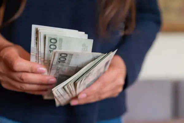 Dłonie trzymające plik banknotów 100 zł. Słowacja jaka waluta? Obecnie euro, ale kiedyś był to słowacki korona.