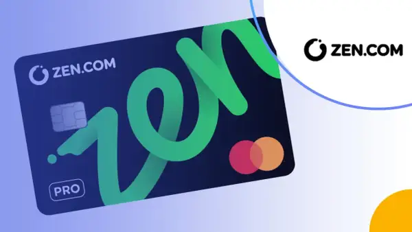Karta ZEN.COM PRO z zielonym, falującym logo. Obok logo ZEN.COM.