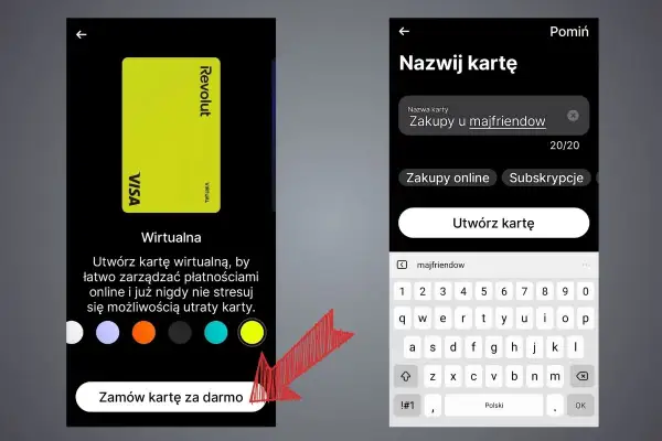 Tworzenie wirtualnej karty Revolut "Zakupy u majfriendow" do łatwego zarządzania płatnościami online.