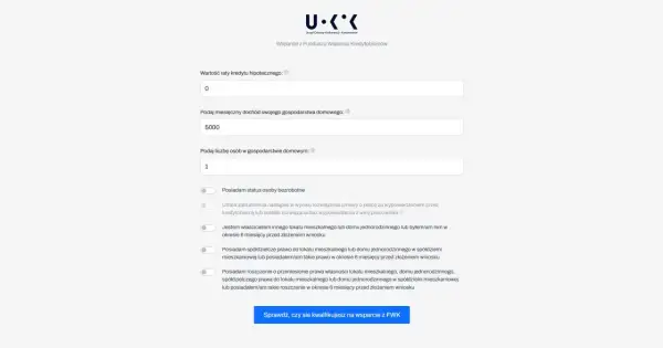 Formularz z polami do wpisania raty kredytu, dochodu, liczby osób oraz opcjami do zaznaczenia.