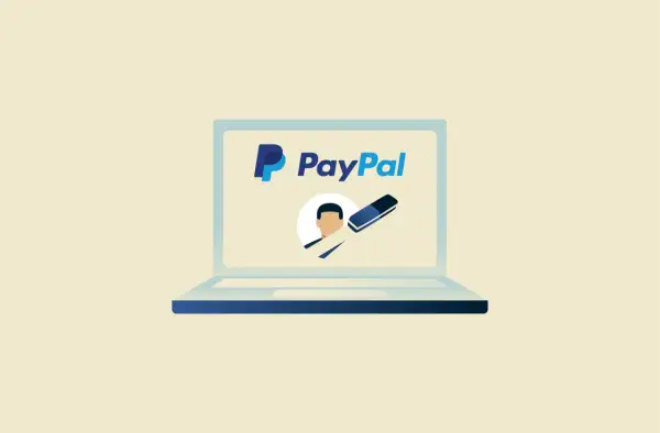 Ilustracja przedstawia laptop z logo PayPal. Obok profilu użytkownika znajduje się gumka, symbolizująca łatwość, jak przelać pieniądze na PayPal.