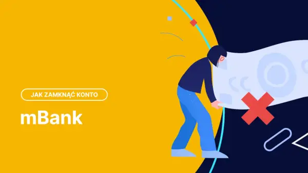 Ilustracja pokazuje, jak zamknąć konto w mBank przez aplikację. Czerwony krzyżyk symbolizuje zamknięcie.