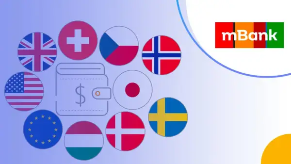 Jak założyć konto walutowe w mBank? Grafika przedstawia portfel z symbolem dolara otoczony flagami różnych krajów, sugerując międzynarodowe możliwości finansowe.