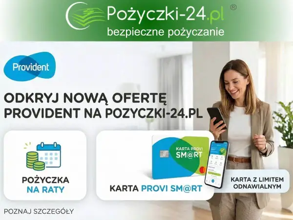 Kobieta z telefonem, logo Provident, ikony pożyczki na raty i karty Provi SM@RT.