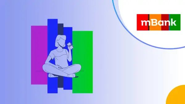 Osoba z telefonem na tle kolorowych prostokątów. Logo mBank. Gdzie wypłacić pieniądze? Sprawdź w aplikacji!