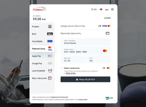 Zaloguj się do Click to Pay, aby zapłacić 59,28 PLN kartą Visa Anny Nowak.