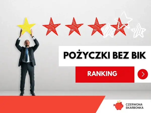 Mężczyzna w garniturze podnosi żółtą gwiazdkę, symbolizując najlepszą ocenę. Obok widnieje napis "Pożyczki bez BIK".