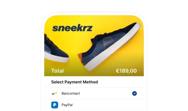 Ekran płatności za buty Sneekrz. Wybierz metodę płatności: Bancontact (zaznaczone) lub PayPal.