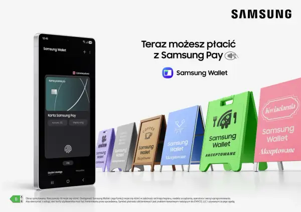 Telefon z aplikacją Samsung Wallet i kartą Samsung Pay. Wiele szyldów sklepów z napisem "Samsung Wallet Akceptowane".