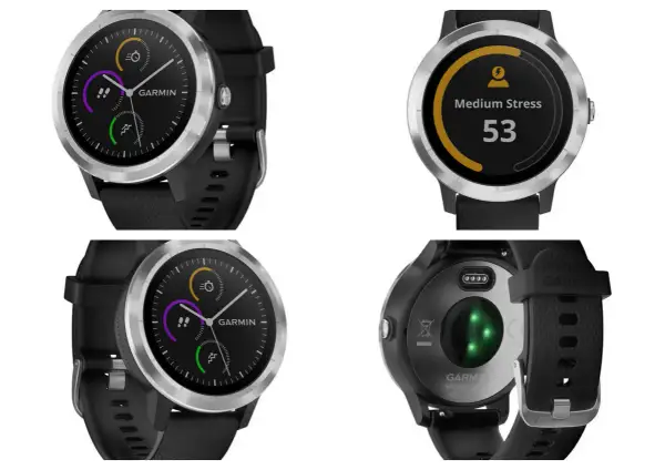 Zegarek Garmin z funkcją Garmin Pay, pokazujący poziom stresu i aktywność.