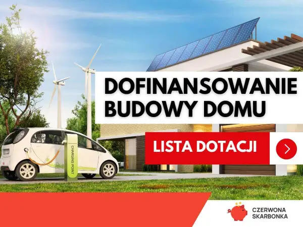Nowoczesny dom z panelami słonecznymi, samochodem elektrycznym przy ładowarce i turbinami wiatrowymi.
