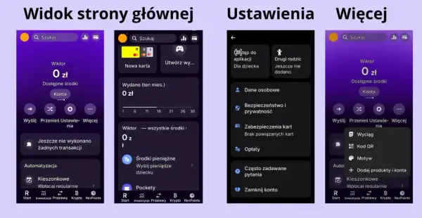 Ekran aplikacji z opcjami dla rodziców i dzieci, w tym zarządzanie kieszonkowym. Revolut kids to funkcja ułatwiająca kontrolę wydatków.