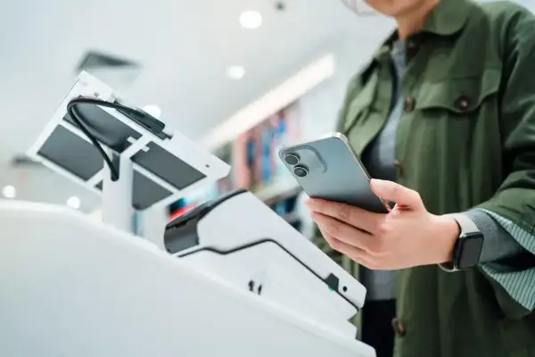 Kobieta zbliża telefon do terminala płatniczego, by spłacić pożyczkę w IKO.